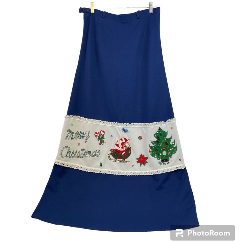 Vintage Christmas Skirt Santa Handmade Long Maxi Blue White Sequin Felt Lace
